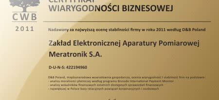 Certyfikat Wiarygodności Biznesowej dla Meratronika 