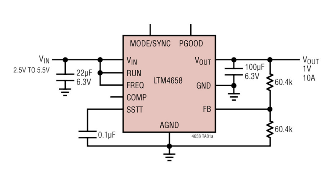 10-amperowy konwerter DC-DC step-down o wymiarach 4 x 4 x 4,32 mm