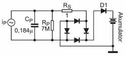 Rys. 5. Schemat układu symulacyjnego umożliwiającego wyznaczenie mocy uzyskiwanej w wyniku konwersji wibracji na elektryczność z użyciem elementów piezoelektrycznych. Uwzględniono straty mocy i wyeliminowano kondensator ładowania wstępnego