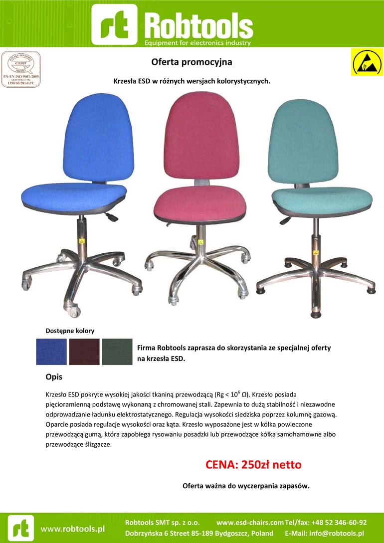Oferta promocyjna na krzesła ESD w różnych wersjach kolorystycznych. 