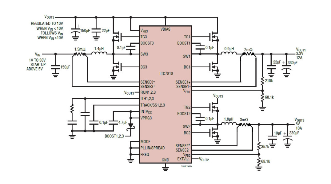 Trójwyjściowy kontroler DC-DC buck/buck/boost LTC7818