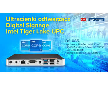 Ultracienki odtwarzacz DS–085 Digital Signage Intel Tiger Lake UP3 Wydajny i bezwentylatorowy