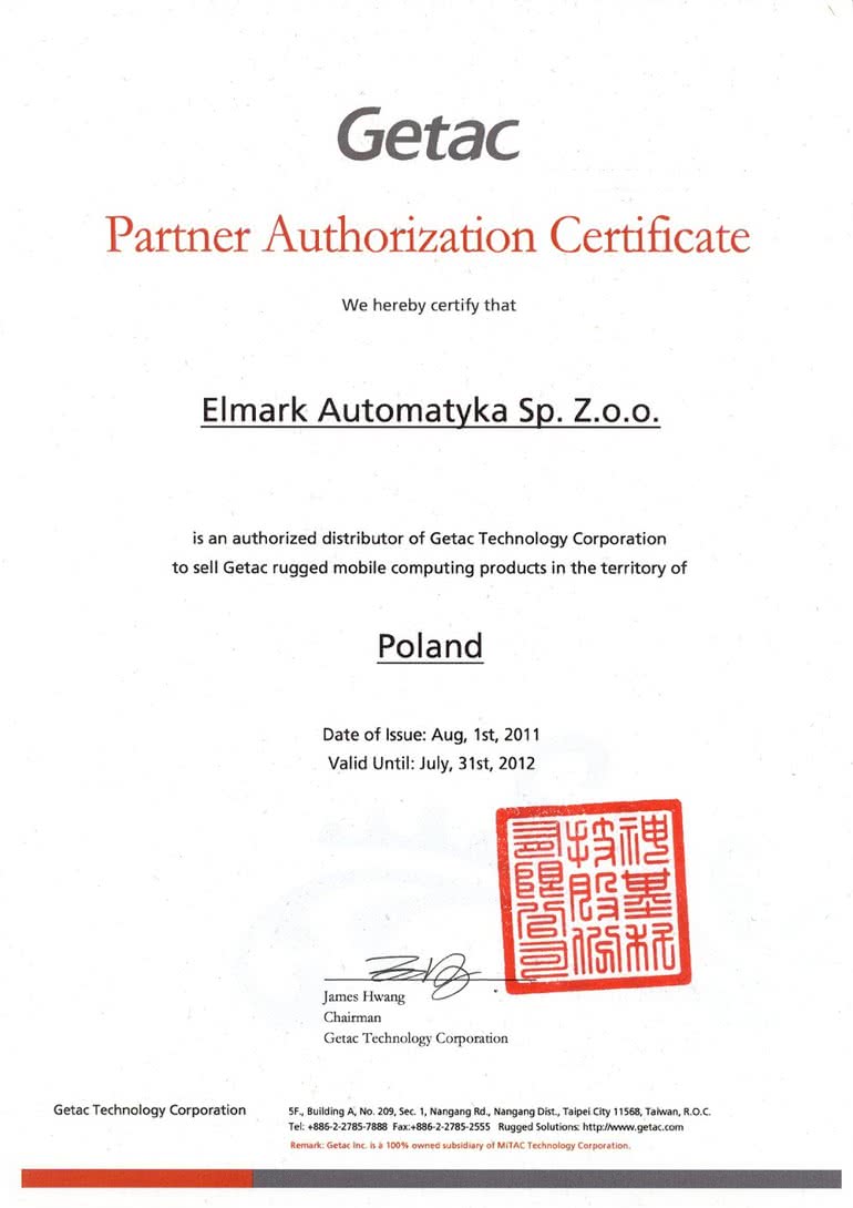 Elmark Automatyka Sp. z o.o. certyfikowanym, bezpośrednim  dystrybutorem produktów GETAC na terenie Polski. 