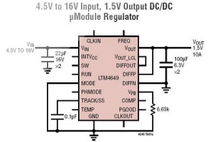 10-amperowy regulator DC-DC step-down wymagający 4 elementów zewnętrznych