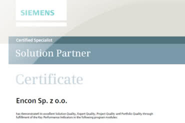 Encon otrzymał certyfikat Solution Partner SIMATIC PCS7 