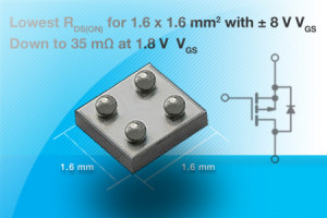 10-amperowy tranzystor p-MOS o wymiarach 1,6 x 1,6 x 0,6 mm