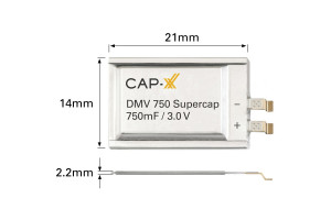 Ultracienki superkondensator pryzmatyczny 3 V/750 mF o wymiarach 21 x 14 x 2,2 mm